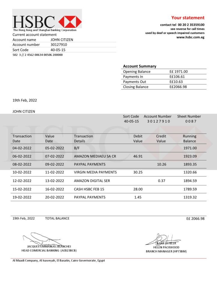 Egypt HSBC Bank proof of address bank statement template in Word and PDF format