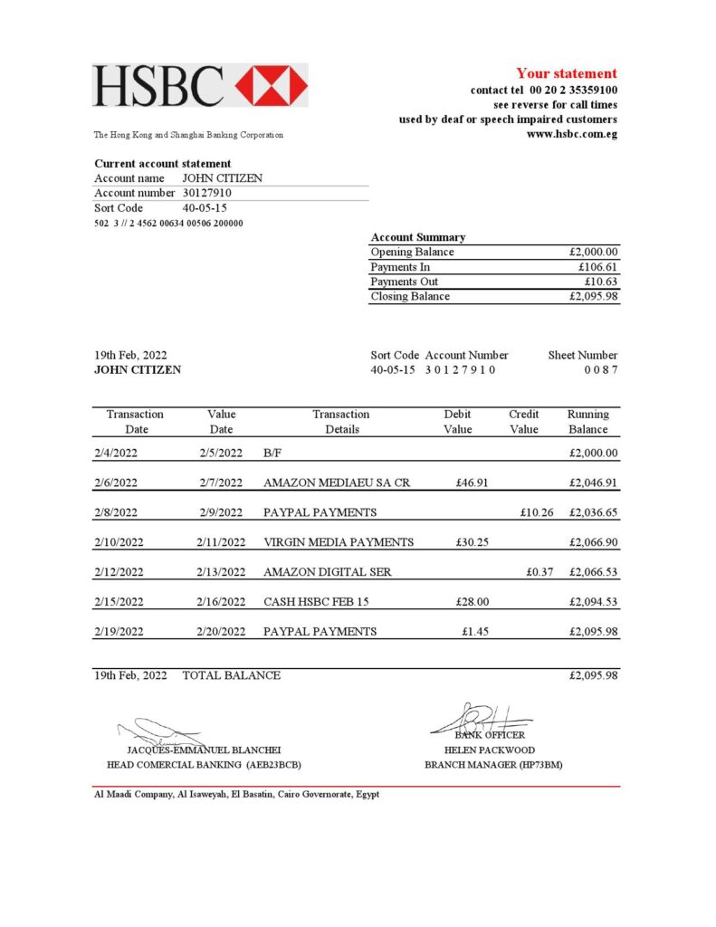 Egypt HSBC bank statement Excel and PDF template
