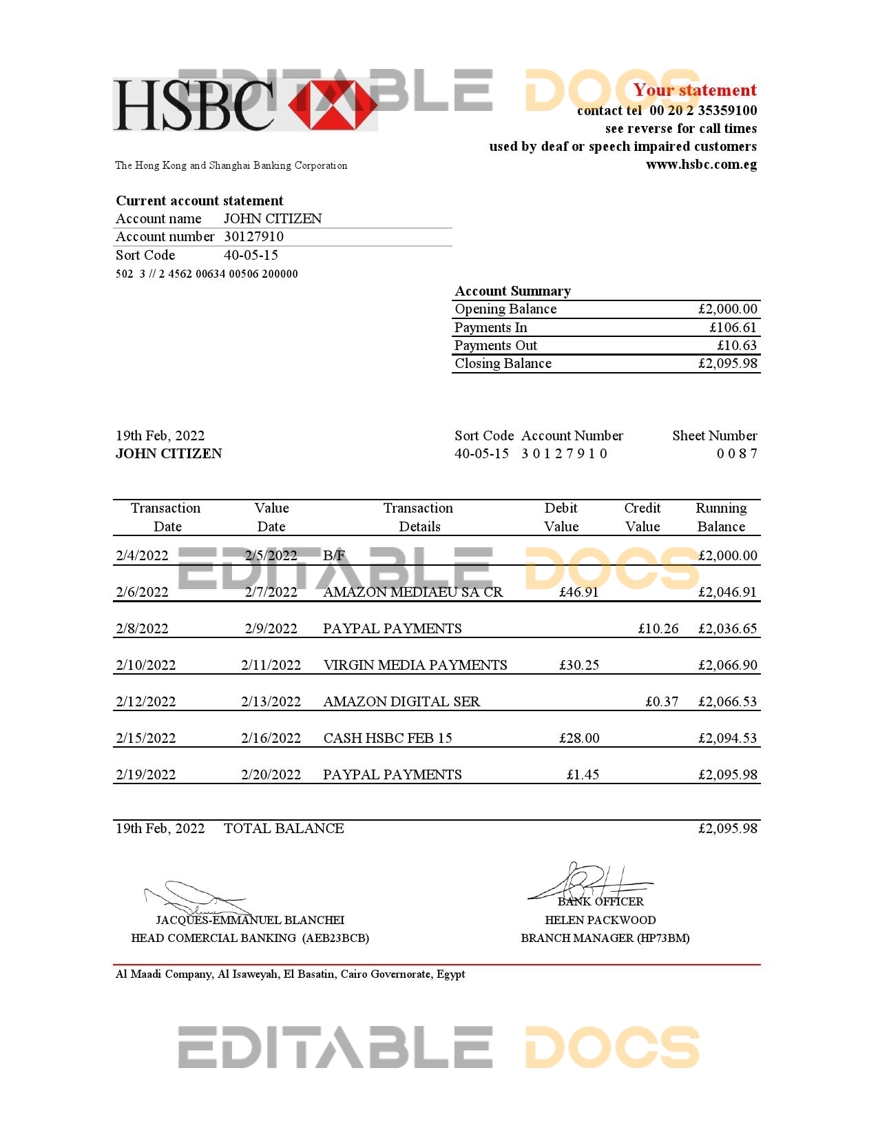 Egypt HSBC bank statement Excel and PDF template