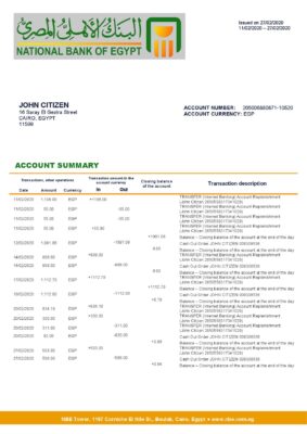 Egypt National Bank of Egypt proof of address bank statement template in Word and PDF format (.doc and .pdf)
