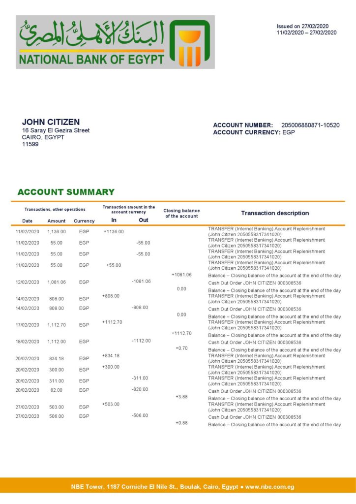 Egypt National Bank of Egypt proof of address bank statement template in Word and PDF format (.doc and .pdf)