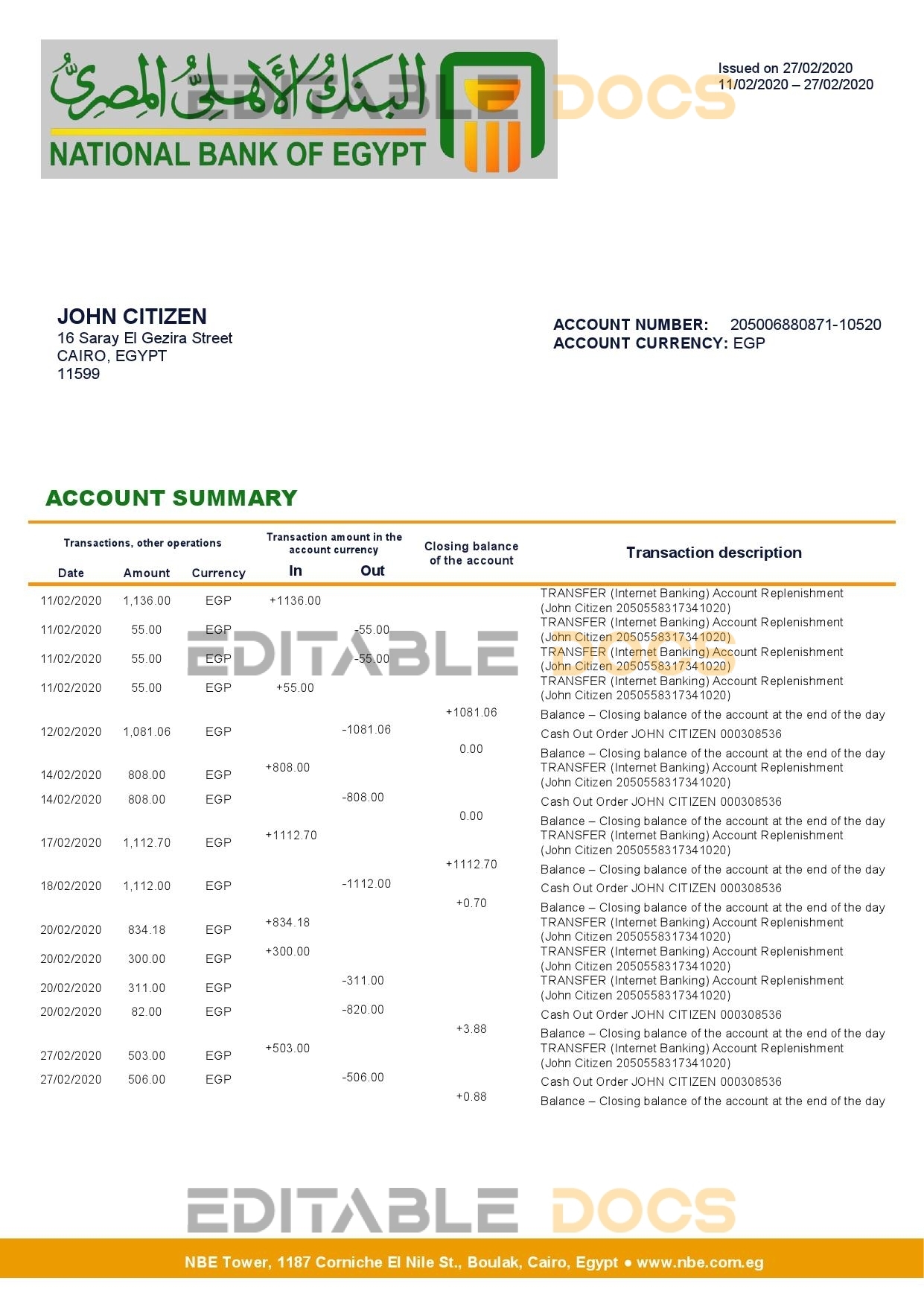 Egypt National Bank of Egypt proof of address bank statement template in Word and PDF format (.doc and .pdf)