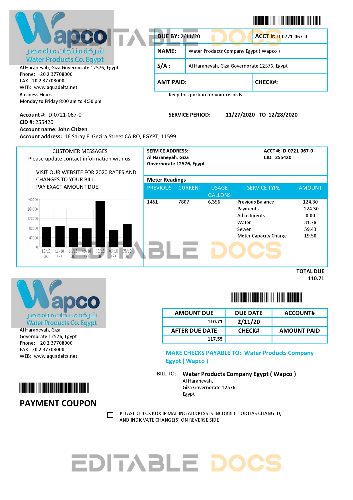 Egypt Water Products Company Egypt (Wapco) utility bill template in Word and PDF format