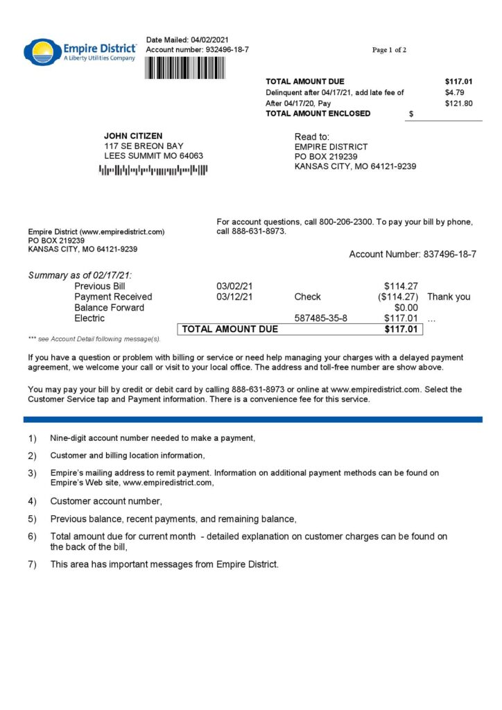 USA Empire District Electric Company utility bill template in Word and PDF format (2 pages)