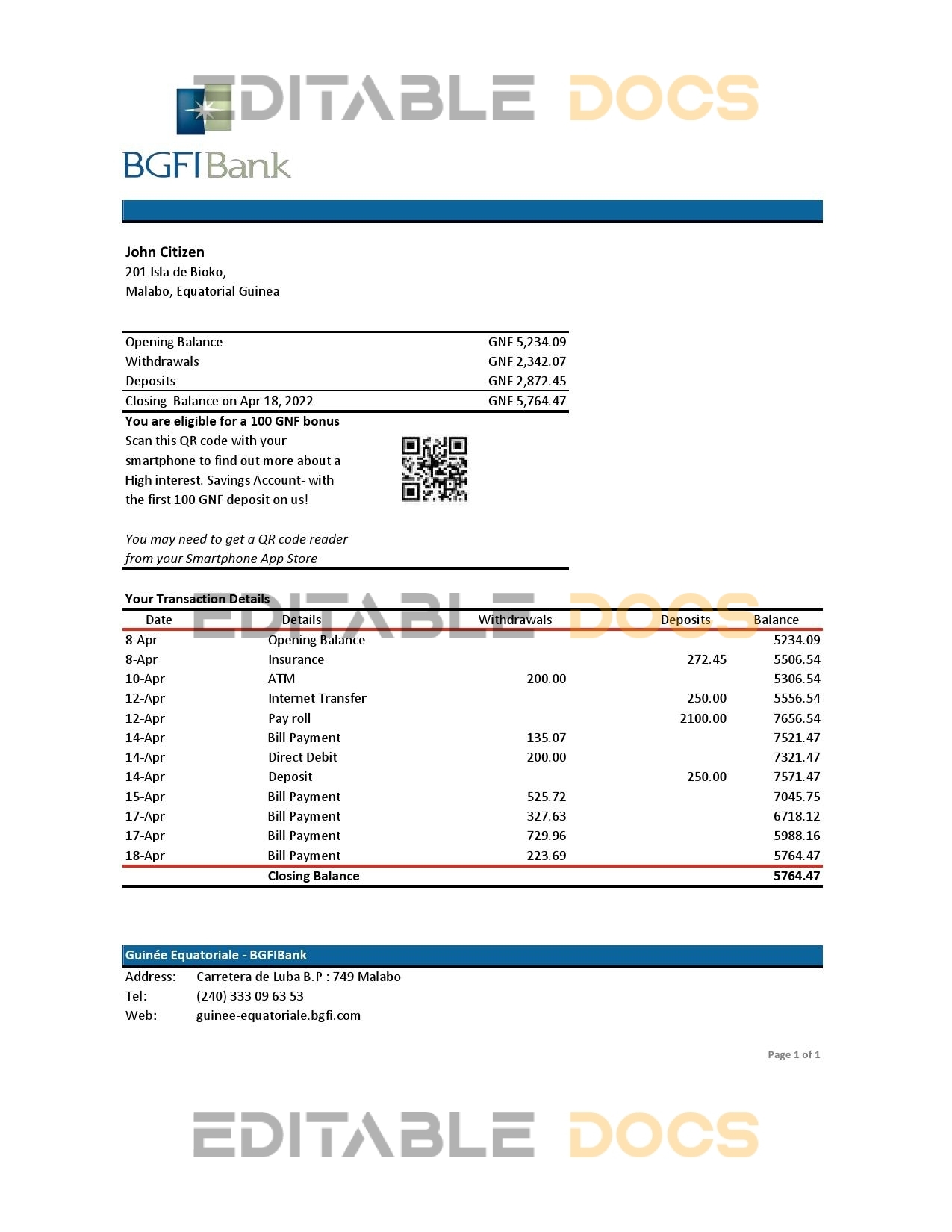 Equatorial Guinea BGFI Bank Statement Excel and PDF template