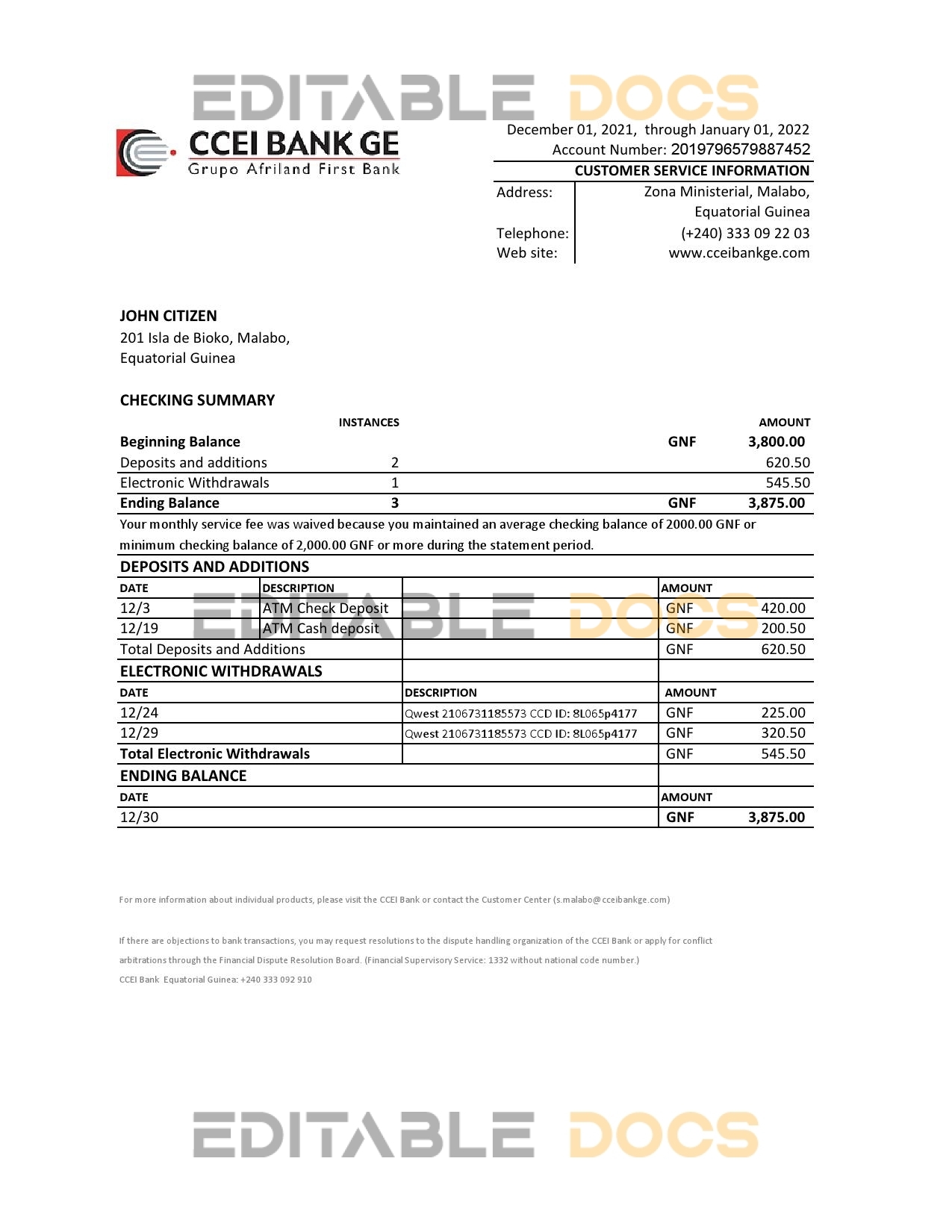 Equatorial Guinea CCEI Bank statement Excel and PDF template