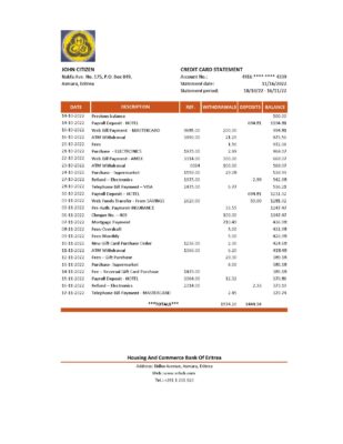 Eritrea Housing and Commerce bank statement Excel and PDF template