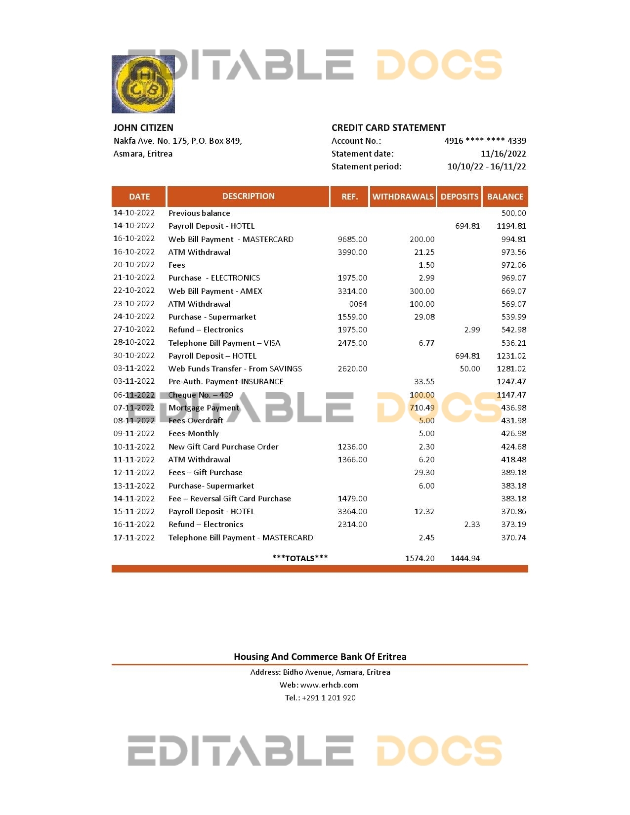Eritrea Housing and Commerce bank statement Excel and PDF template