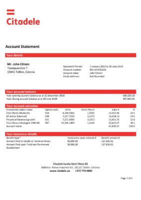 Estonia Citadele banka Eesti filiaal AS proof of address statement template in Word and PDF format, .doc and .pdf format