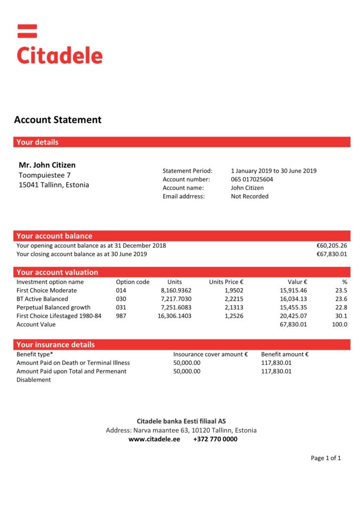 Estonia Citadele banka Eesti filiaal AS proof of address statement template in Word and PDF format, .doc and .pdf format