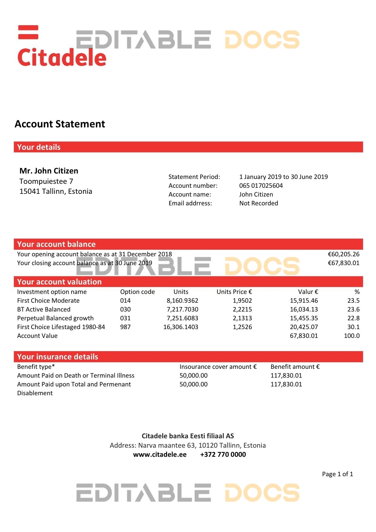 Estonia Citadele banka Eesti filiaal AS proof of address statement template in Word and PDF format, .doc and .pdf format
