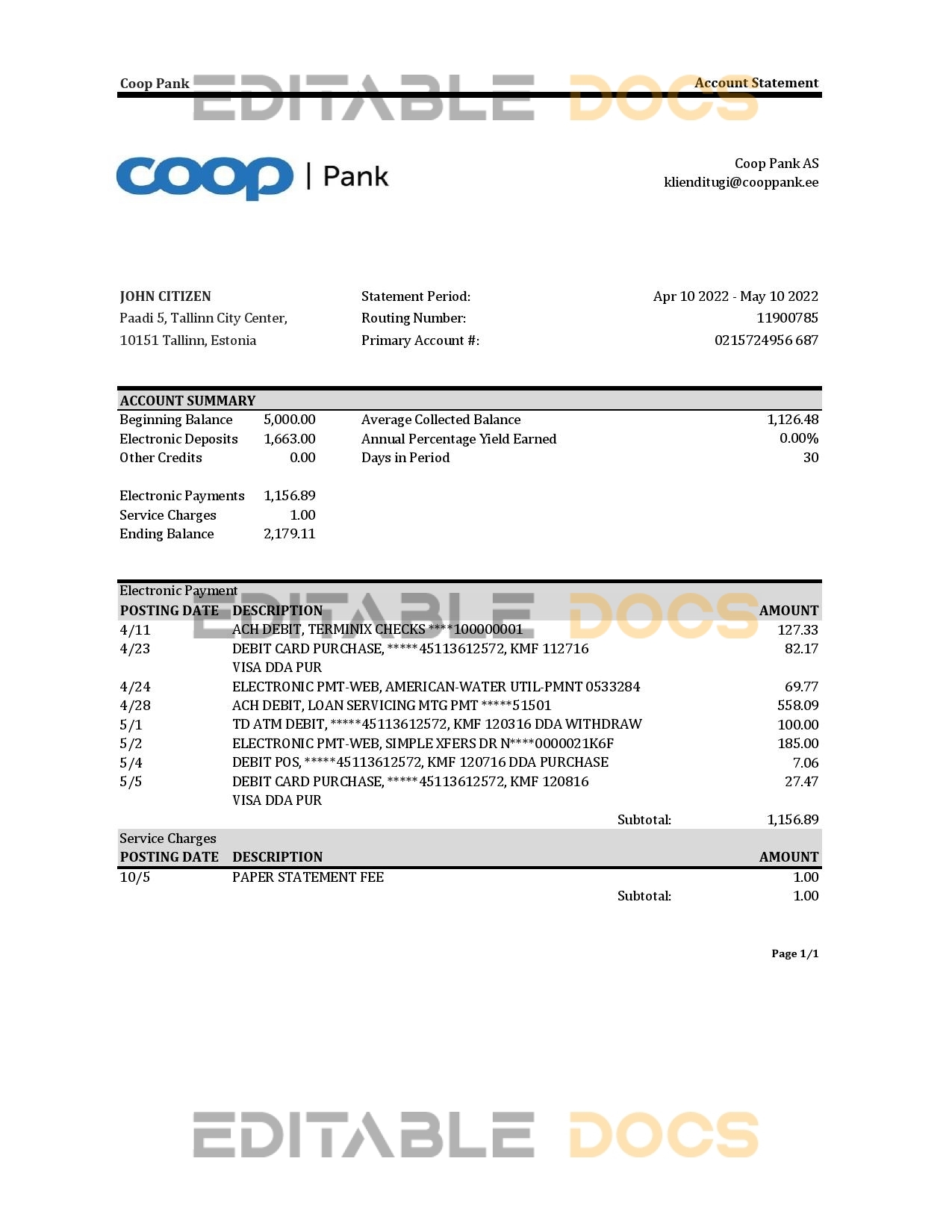 Estonia Coop Pank bank statement Excel and PDF template