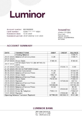 Estonia Luminor Bank proof of address bank statement template in Word and PDF format, .doc and .pdf format