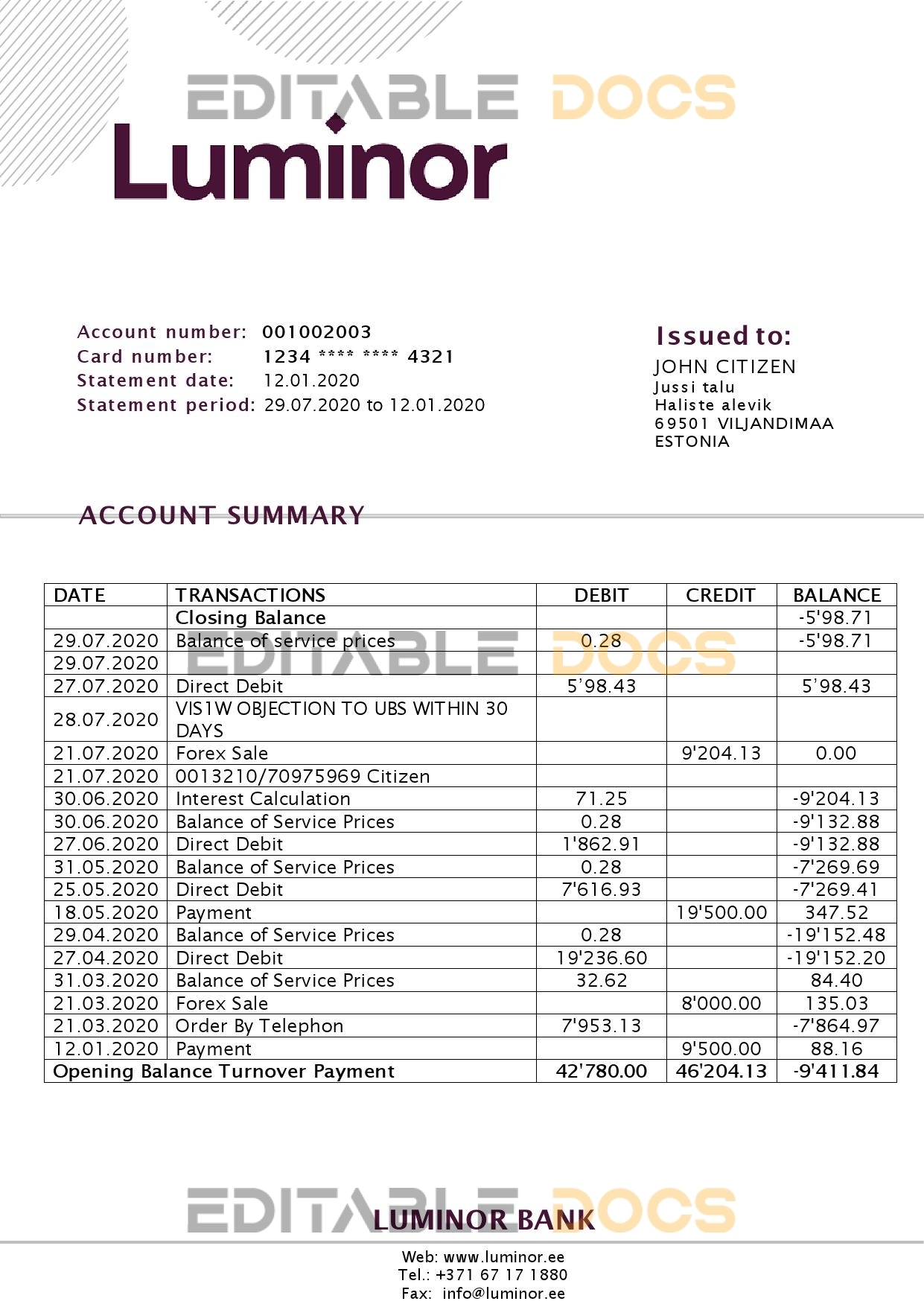 Estonia Luminor Bank proof of address bank statement template in Word and PDF format, .doc and .pdf format