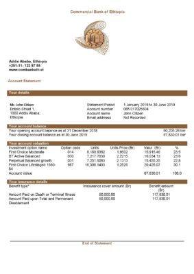 Ethiopia Commercial Bank of Ethiopia bank statement template in Word and PDF format, good for address prove