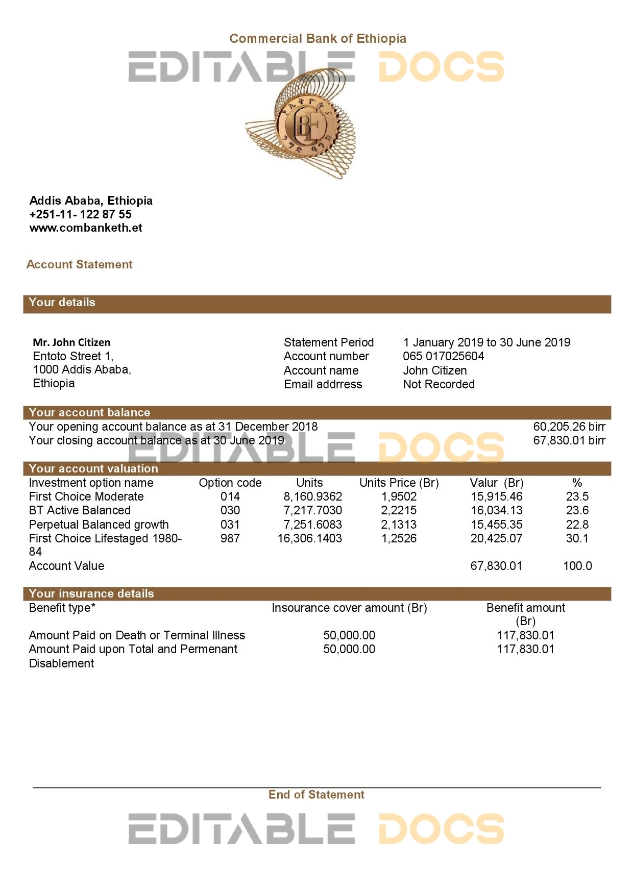 Ethiopia Commercial Bank of Ethiopia bank statement template in Word and PDF format, good for address prove