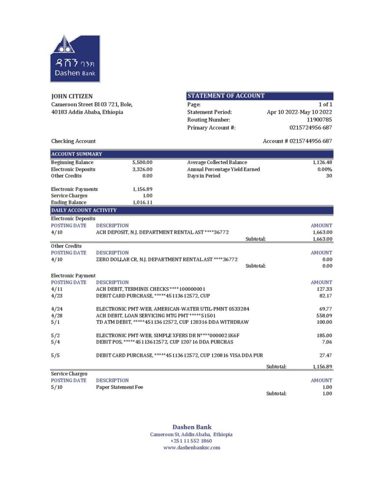Ethiopia Dashen Bank statement Excel and PDF template