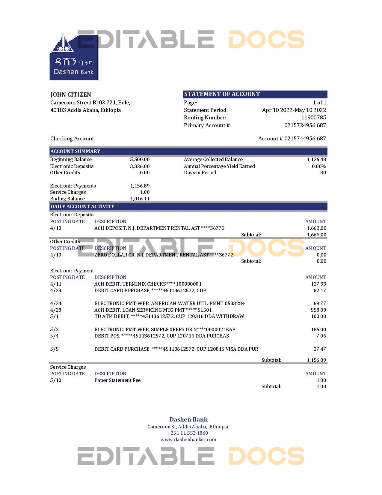 Ethiopia Dashen Bank statement Excel and PDF template