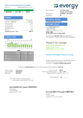 USA Missouri Evergy electricity utility bill template in .doc and .pdf format