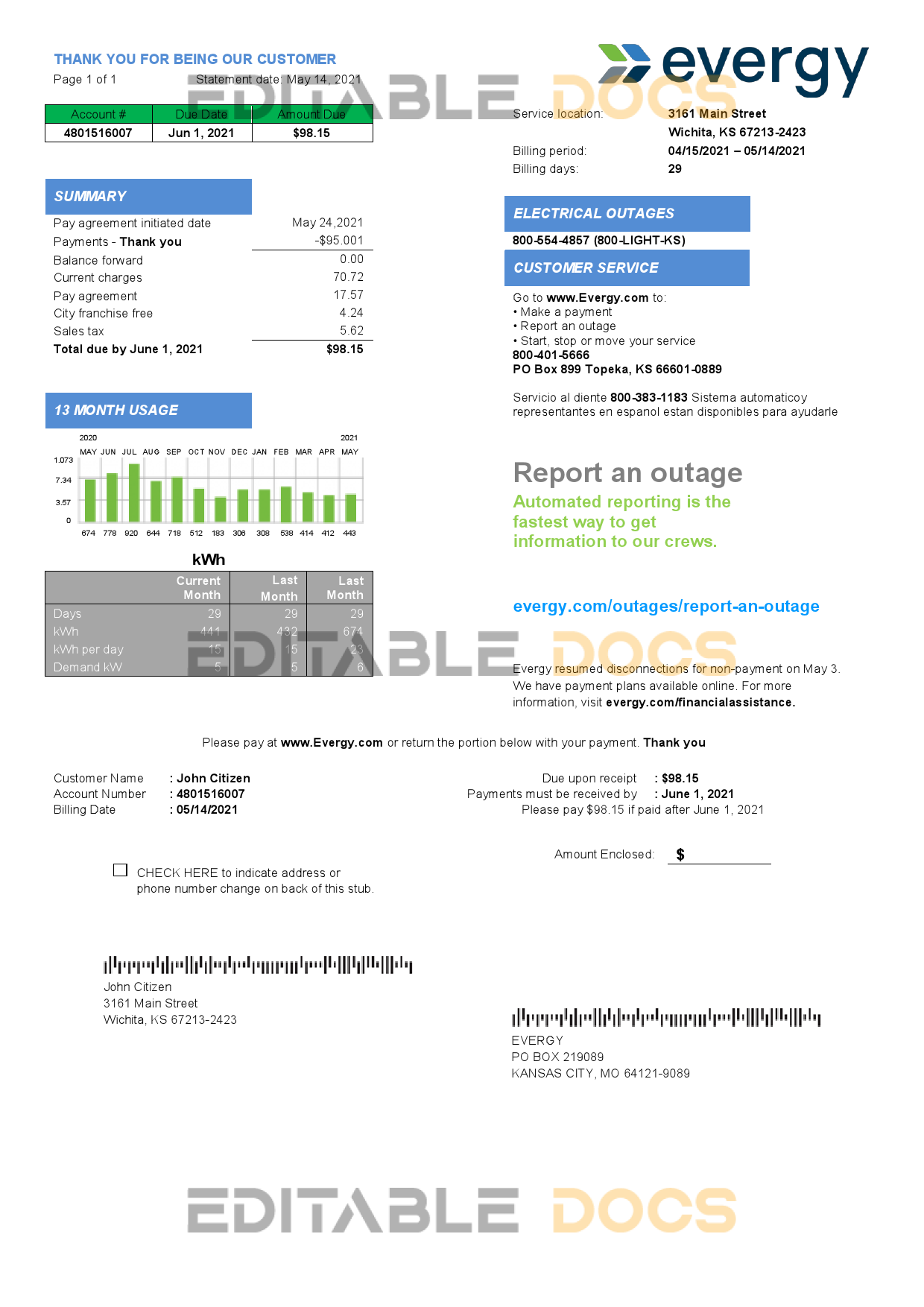 USA Missouri Evergy electricity utility bill template in .doc and .pdf format