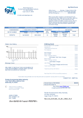 USA Florida FGUA utility bill template in Word and PDF format