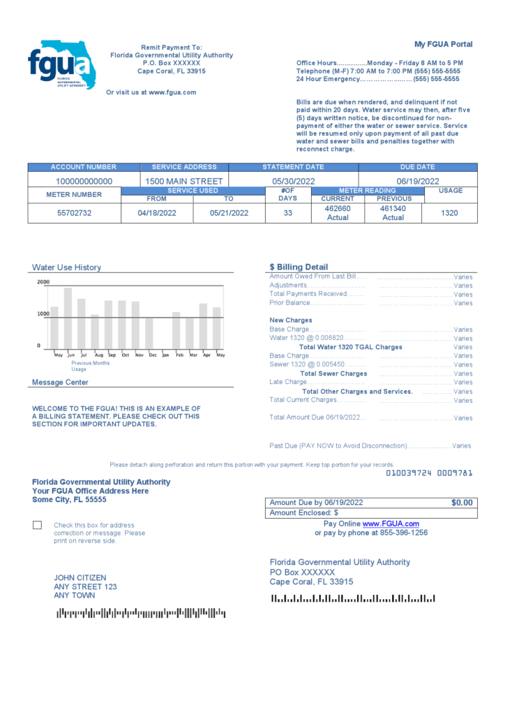 USA Florida FGUA utility bill template in Word and PDF format
