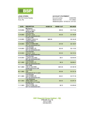 Fiji Bank of South Pacific bank statement Excel and PDF template