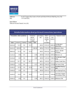 Fiji Bred bank statement Excel and PDF template