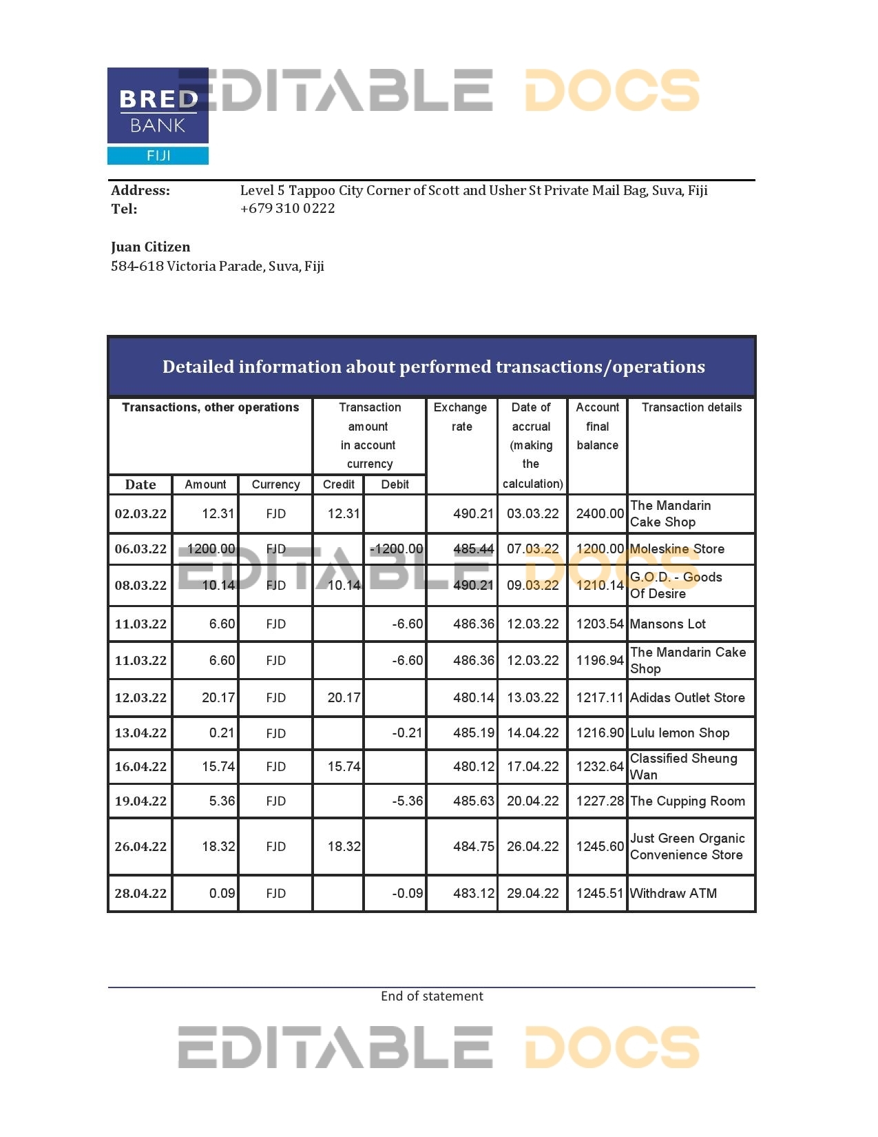 Fiji Bred bank statement Excel and PDF template