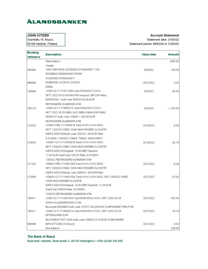 Finland Aland bank statement Excel and PDF template
