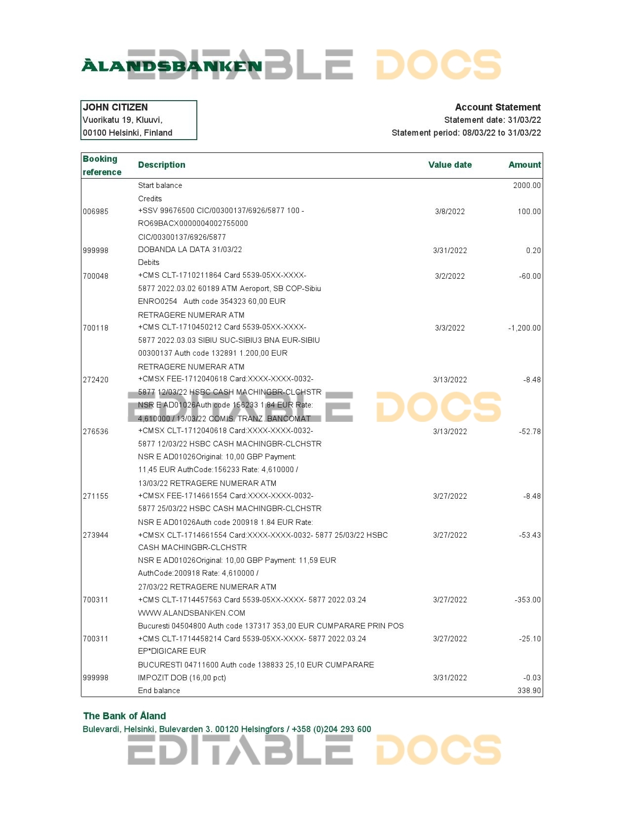Finland Aland bank statement Excel and PDF template