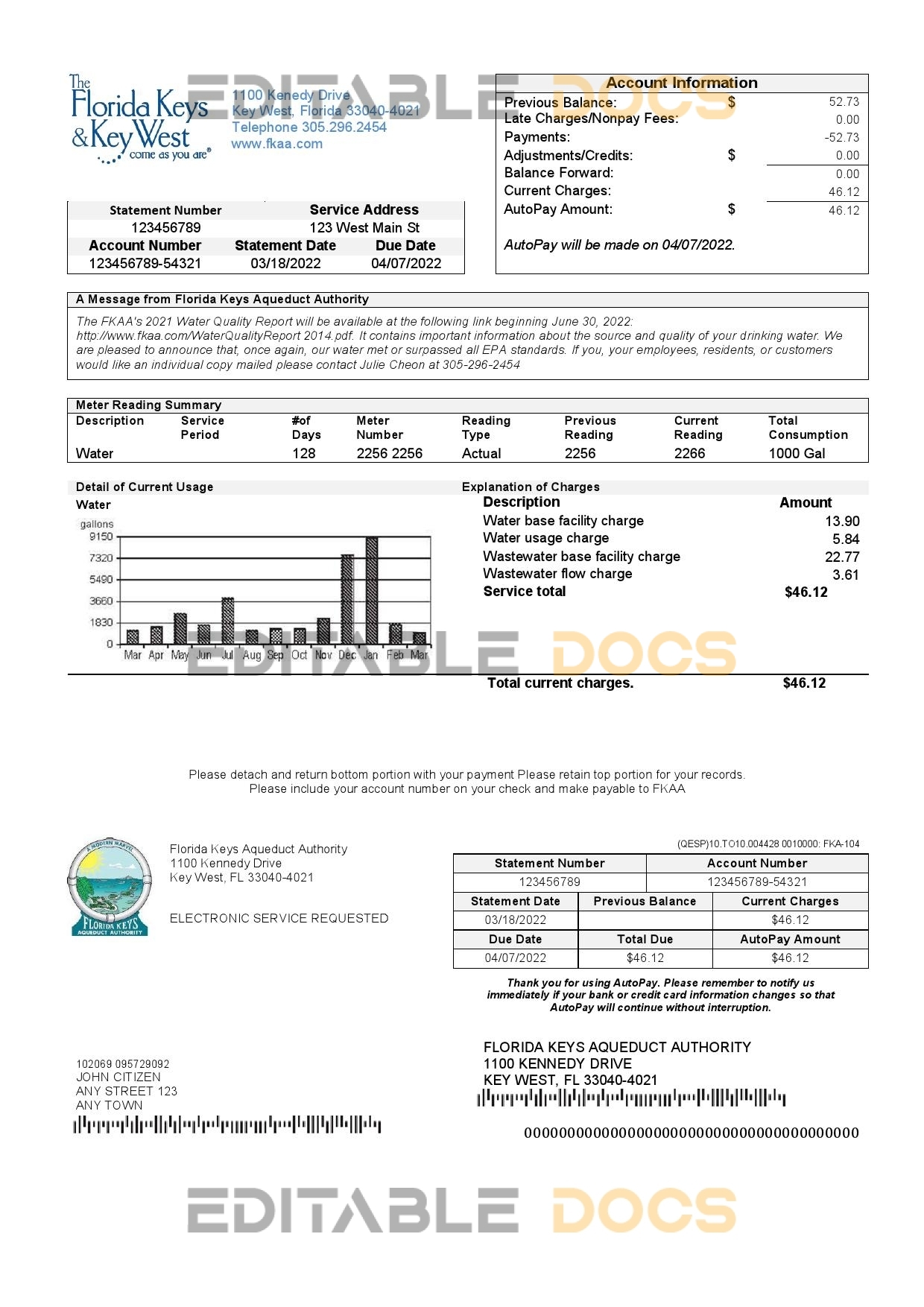 USA Florida Florida Keys utility bill template in Word and PDF format