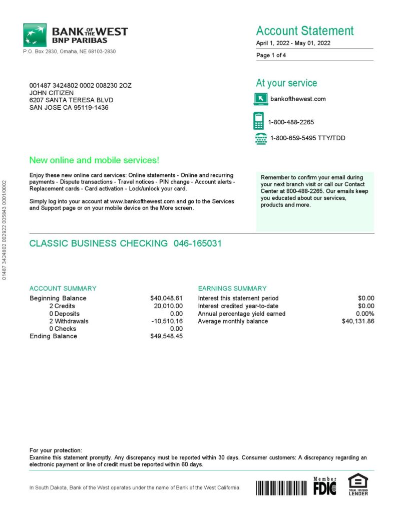 France BNP bank statement Word and PDF template, 4 pages 1