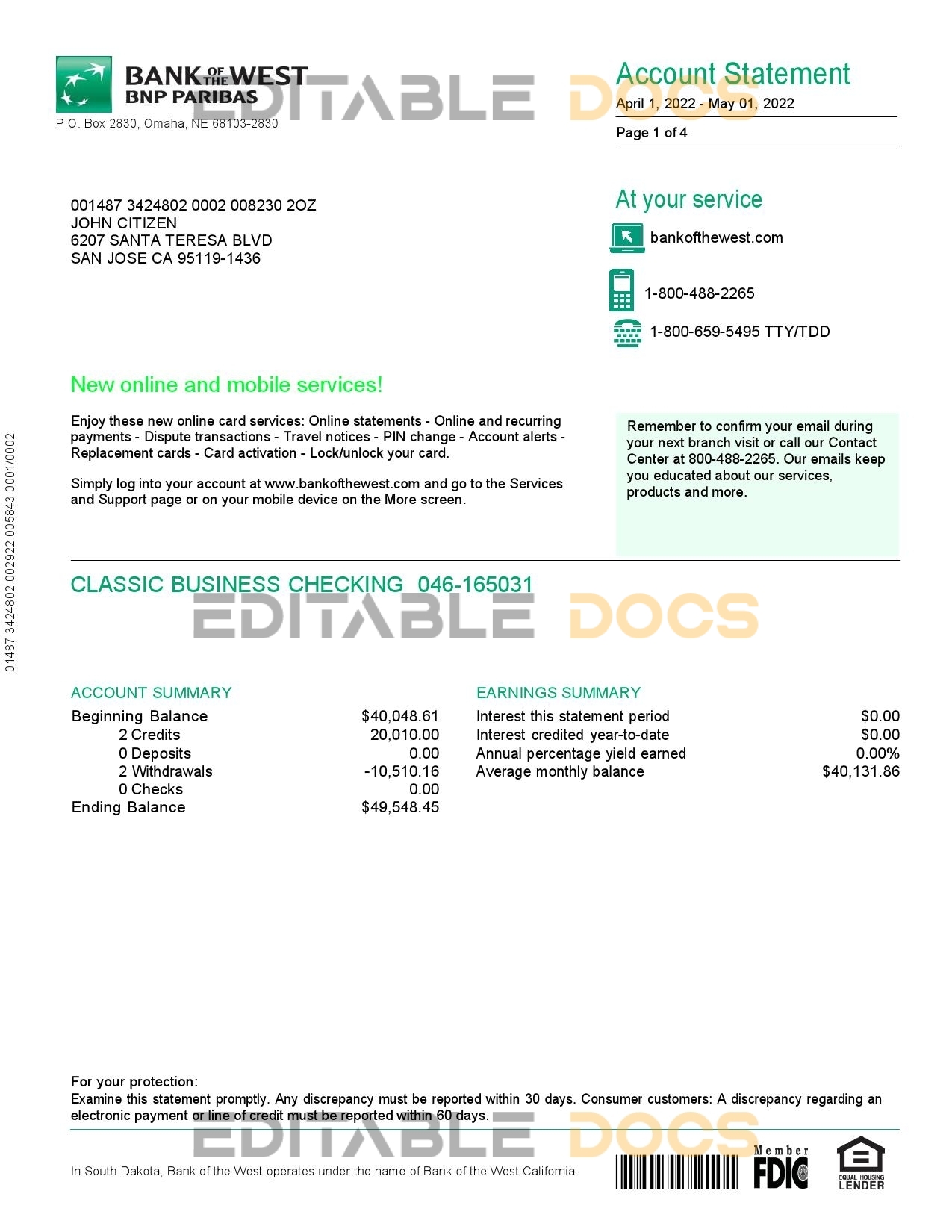 France BNP bank statement Word and PDF template, 4 pages