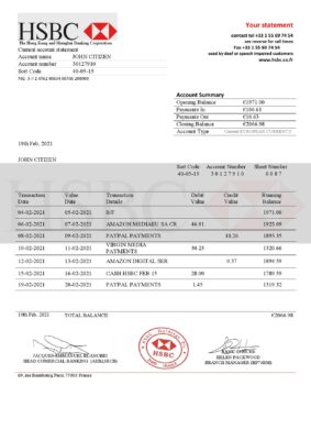 France HSBC bank statement template in .doc and .pdf format