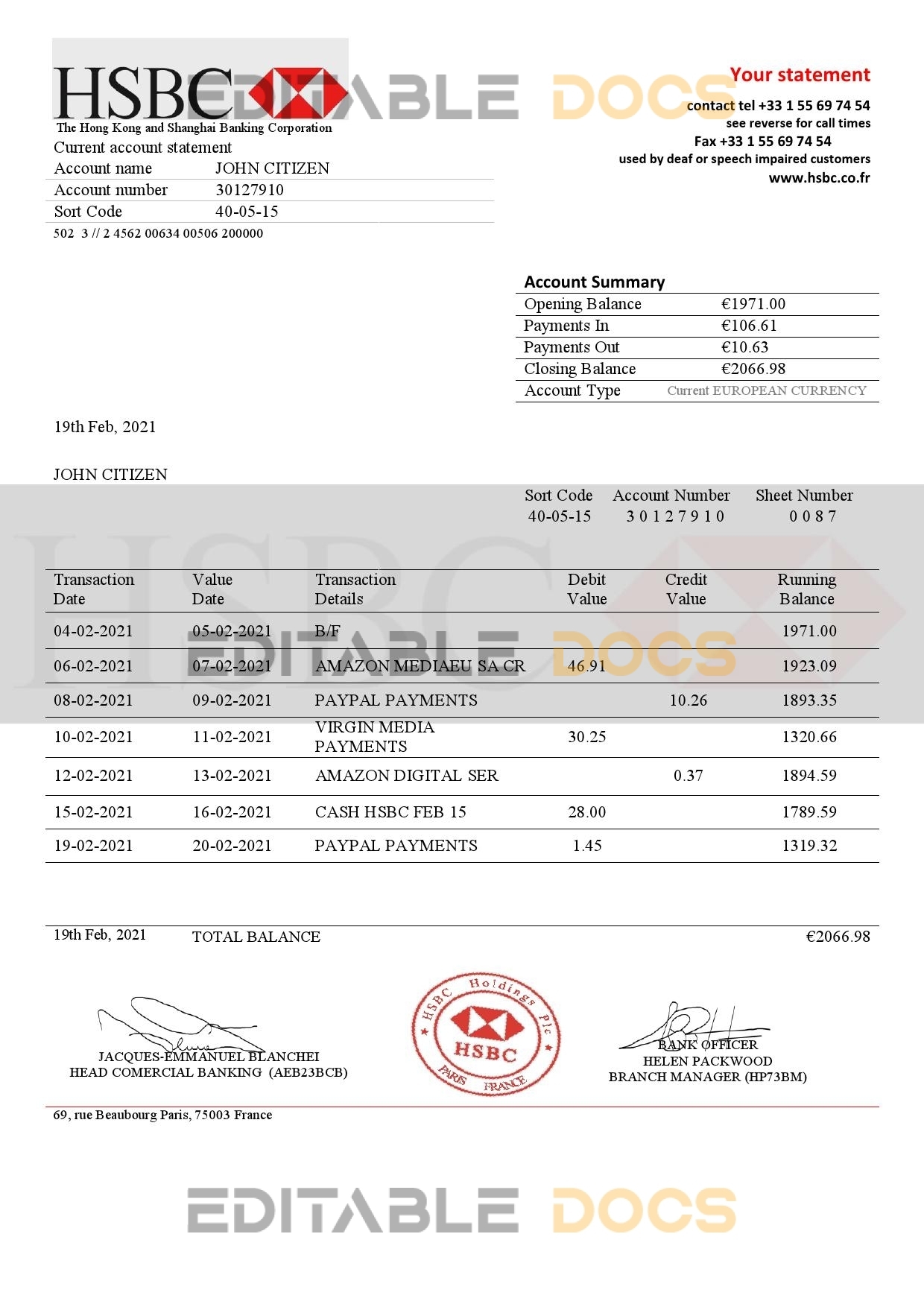 France HSBC bank statement template in .doc and .pdf format