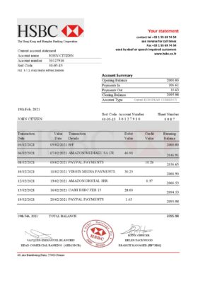 France HSBC bank statement template in .xls and .pdf file format