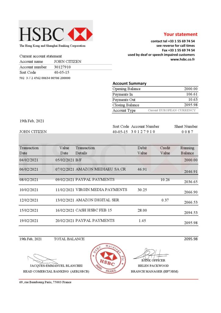 France HSBC bank statement template in .xls and .pdf file format