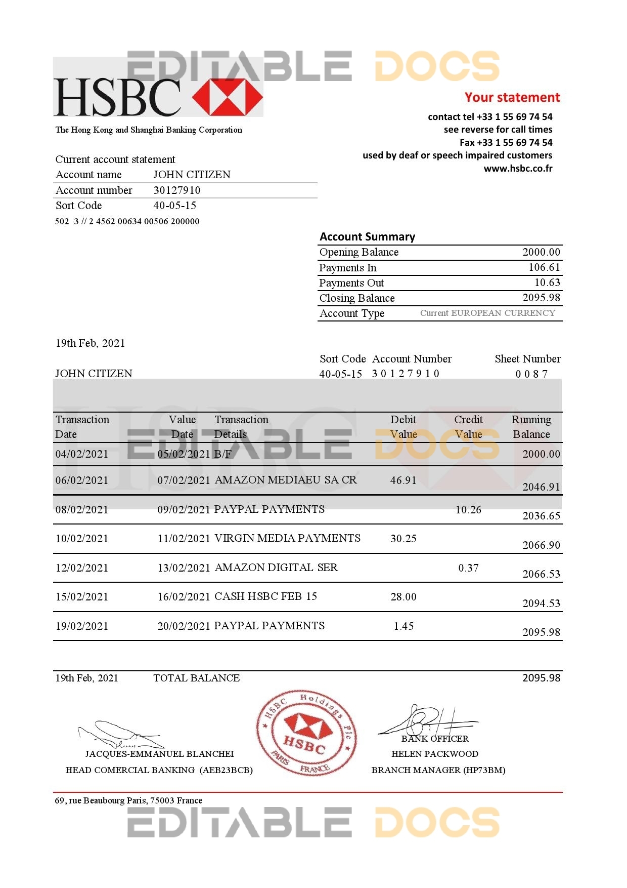 France HSBC bank statement template in .xls and .pdf file format