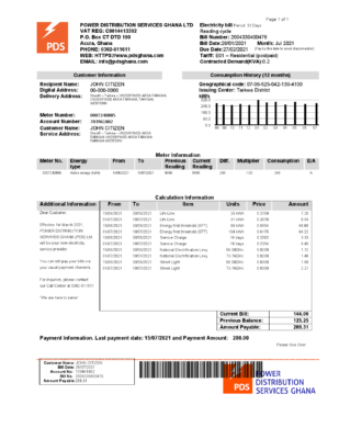 Ghana PDS electricity utility bill template in Word and PDF format