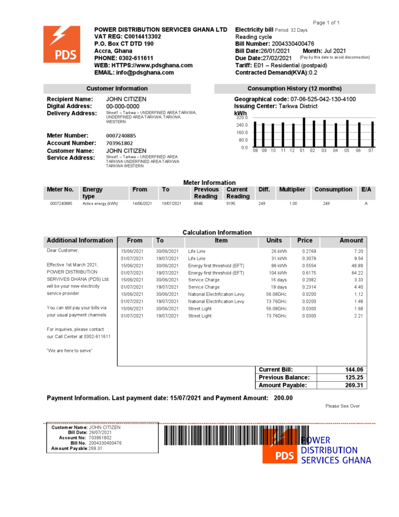 Ghana PDS electricity utility bill template in Word and PDF format