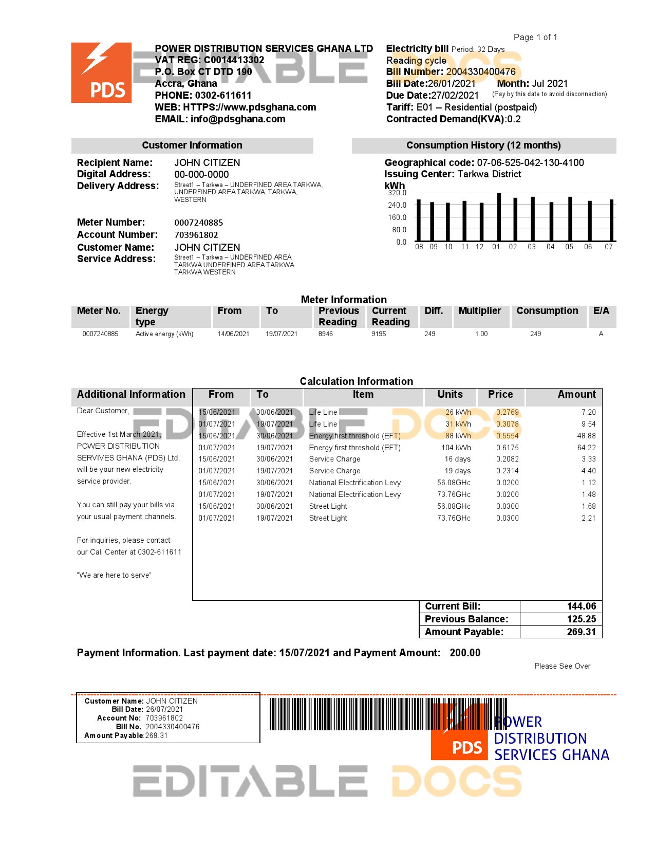 Ghana PDS electricity utility bill template in Word and PDF format