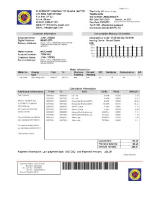 Ghana Electricity Company of Ghana utility bill template in Word and PDF format