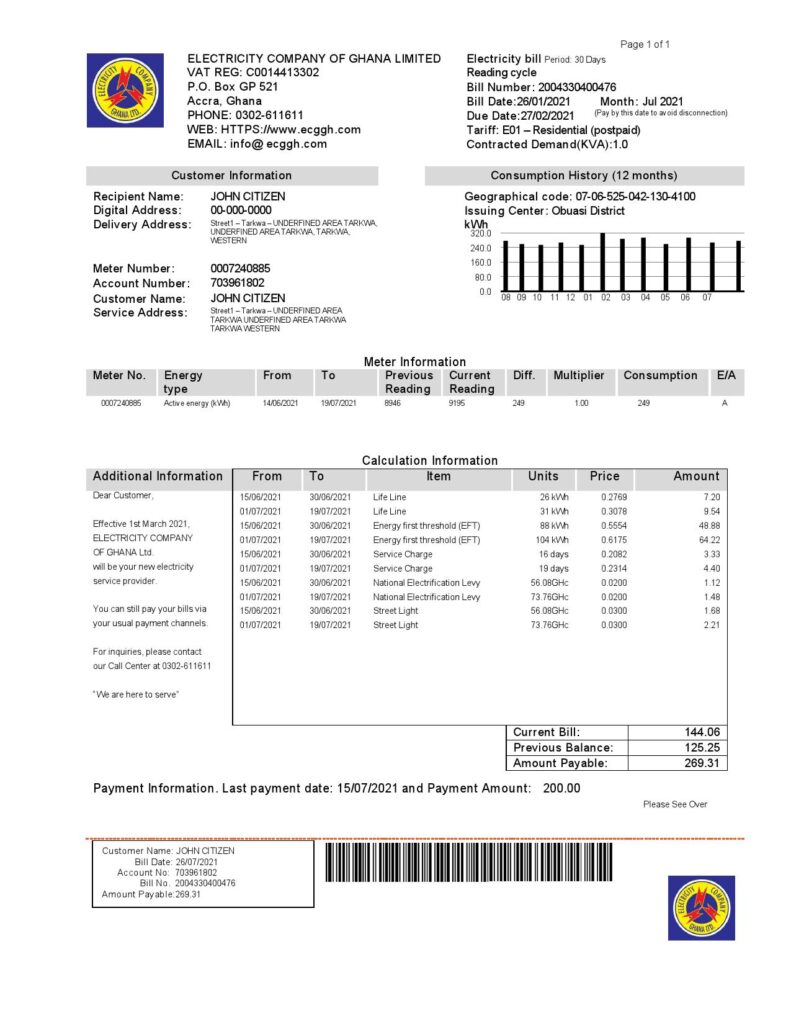 Ghana Electricity Company of Ghana utility bill template in Word and PDF format