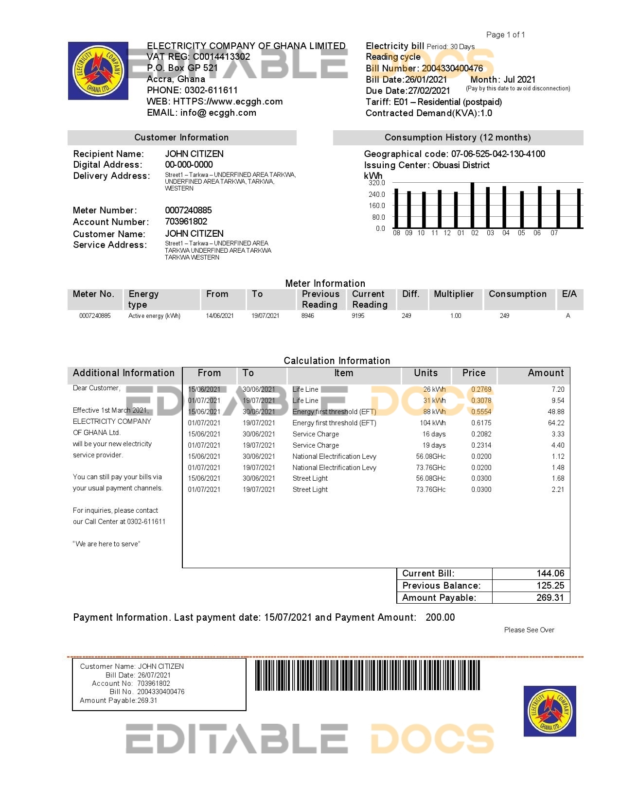 Ghana Electricity Company of Ghana utility bill template in Word and PDF format