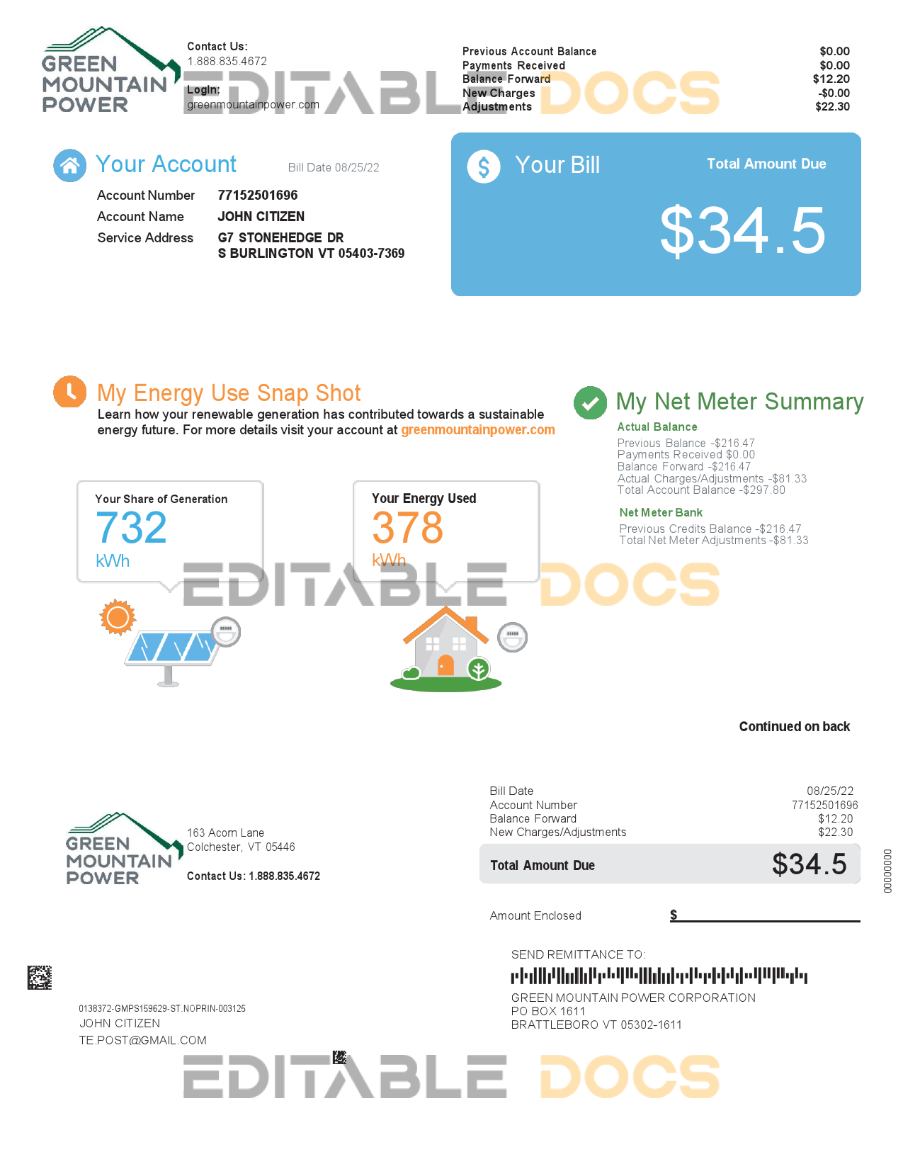USA Vermont Green Mountain Power utility bill, Word and PDF template, 2 pages