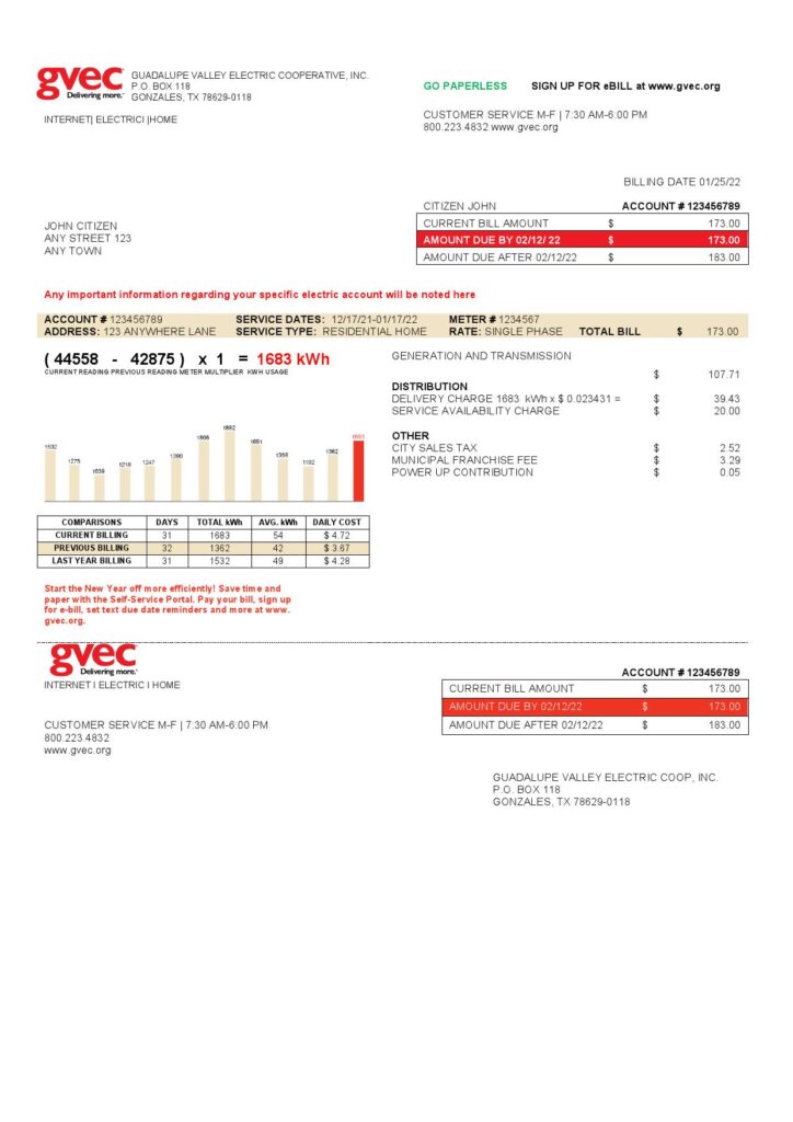 USA Texas GVEC utility bill template in Word and PDF format