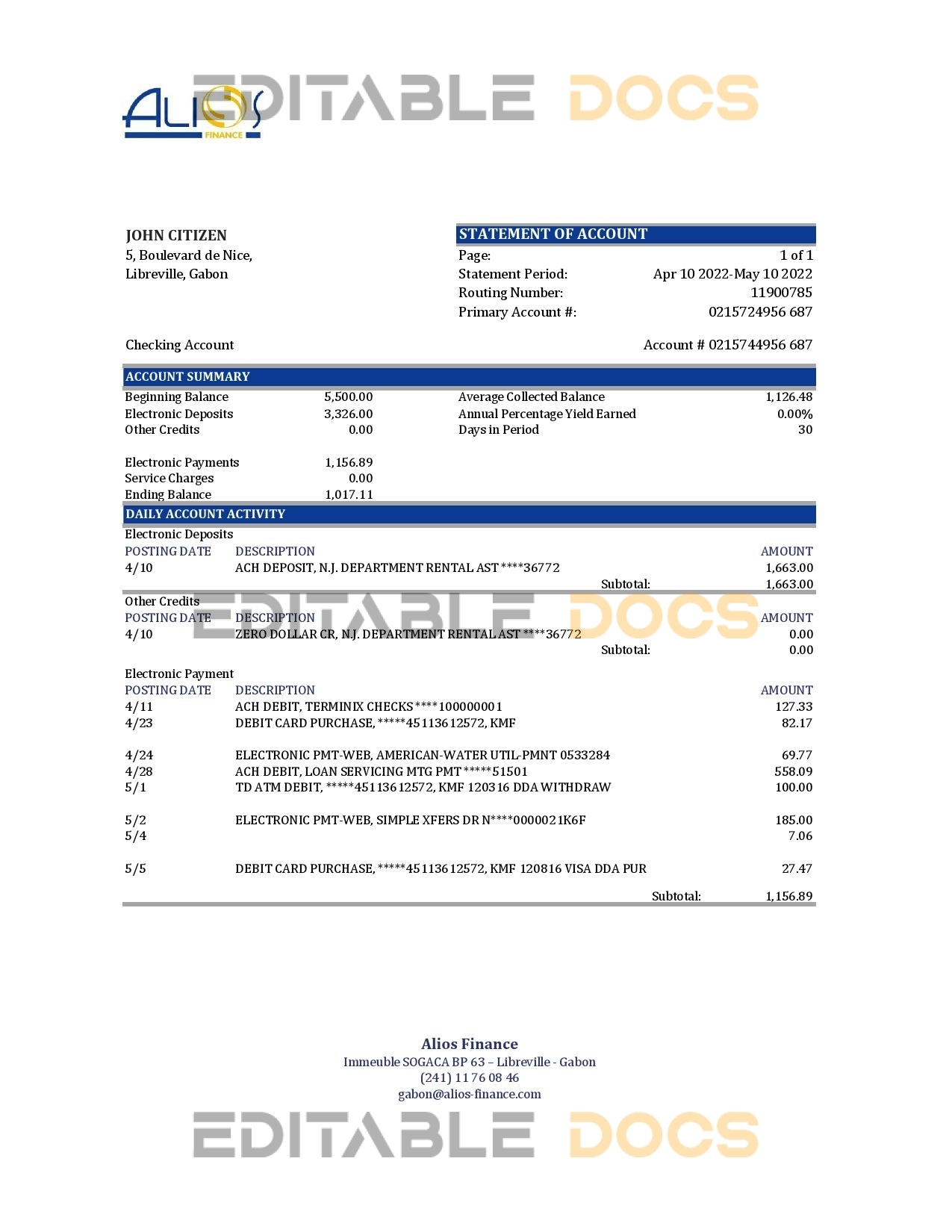 Gabon Alios Finance bank statement Excel and PDF template