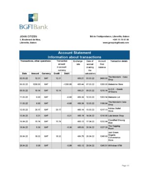 Gabon BGFI bank statement Excel and PDF template