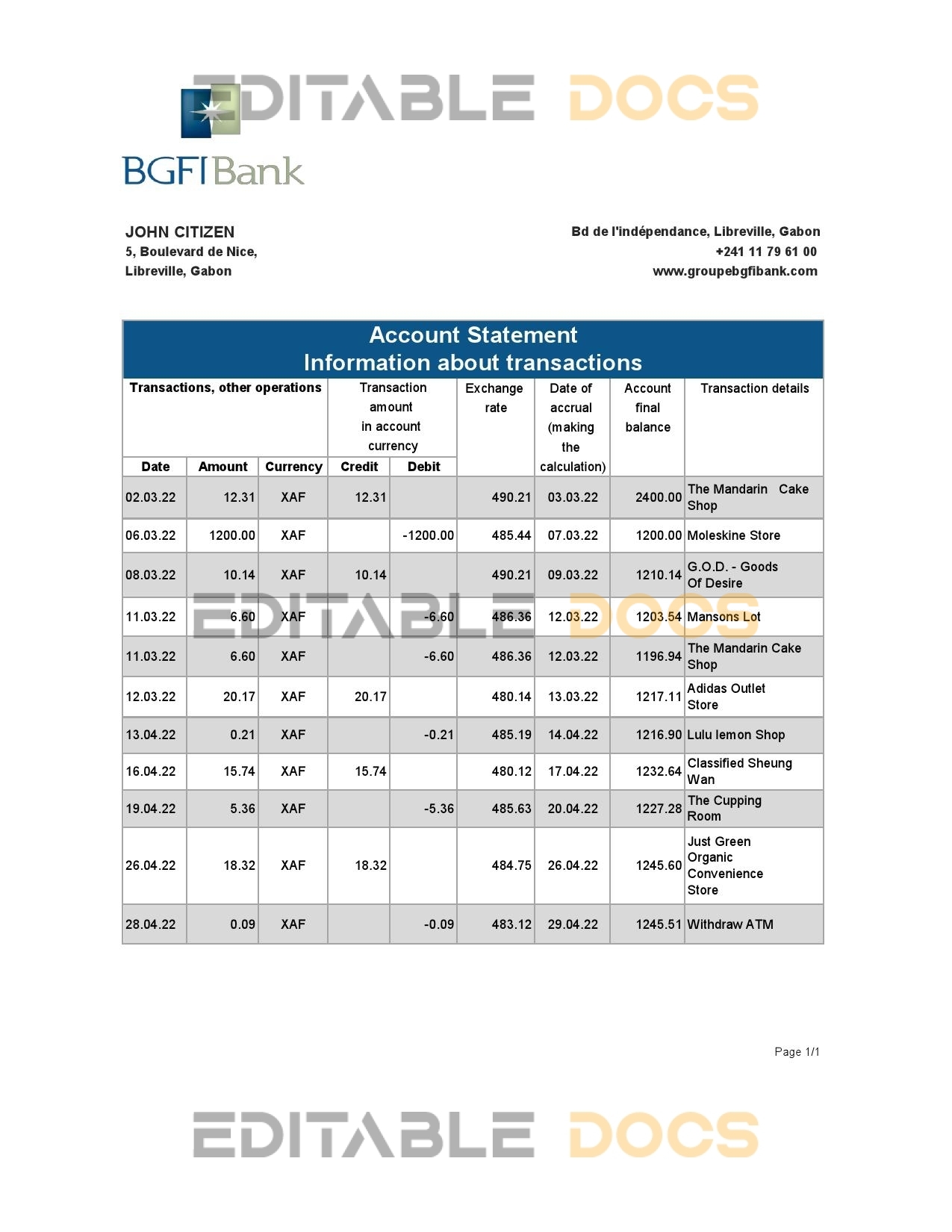 Gabon BGFI bank statement Excel and PDF template